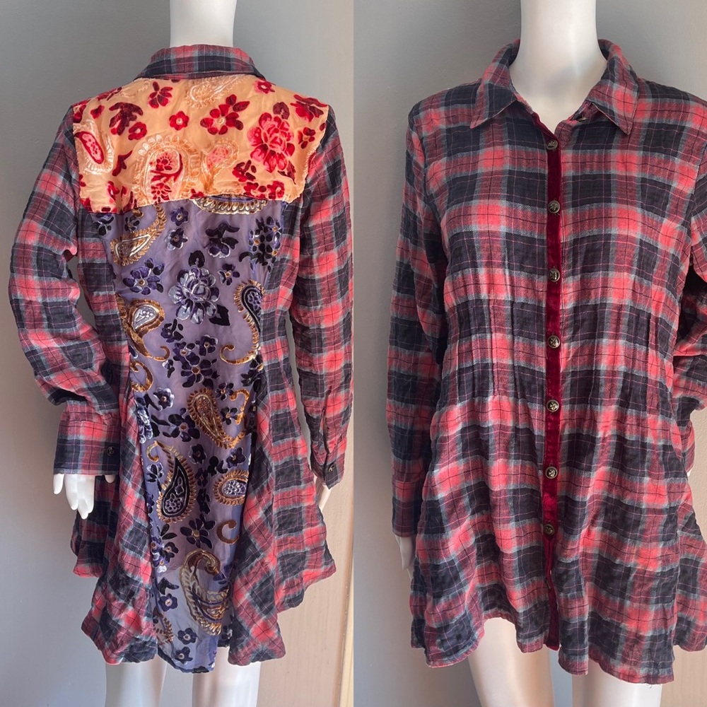 Soft Surroundings Plaid Flannel Shirt with Velvet Detailing Size M